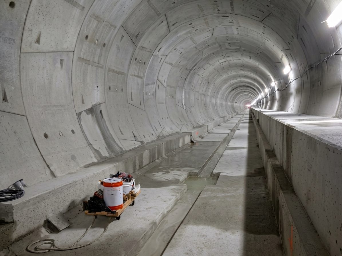 Concrete-lined tunnel with overhead lighting and drainage channel — the underground environments SG Services stabilizes and seals