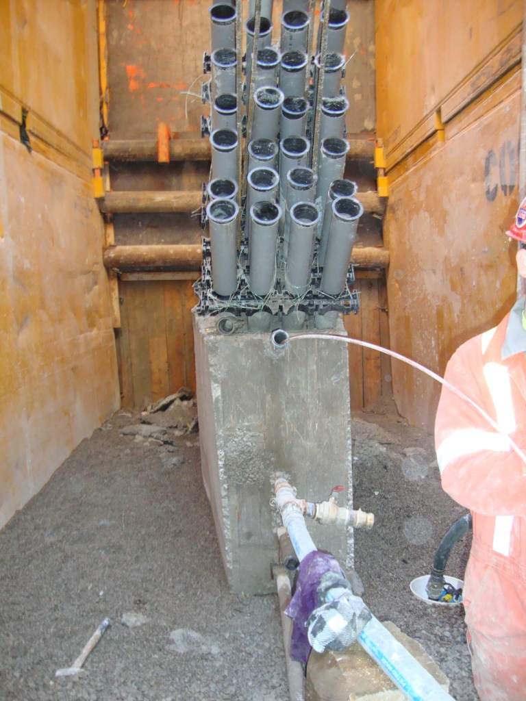 FRE duct bundle ends held on custom spacers inside the shaft before annular grouting